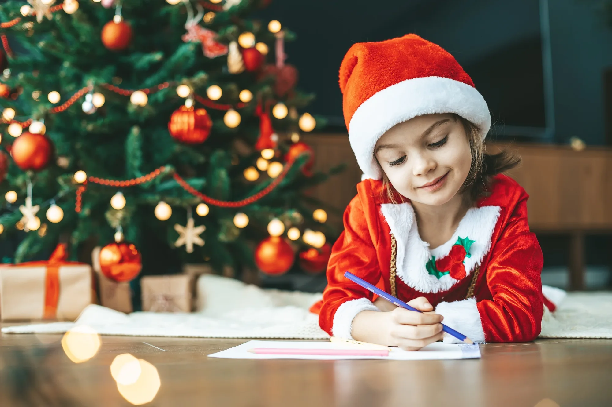 Cute little girl in Santa's hat crafting her special letter to Santa Claus near the New Year tree