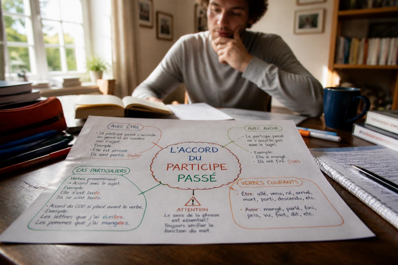 apprenez l'accord du participe passé grâce à une carte mentale claire et efficace pour éviter les fautes courantes en français.