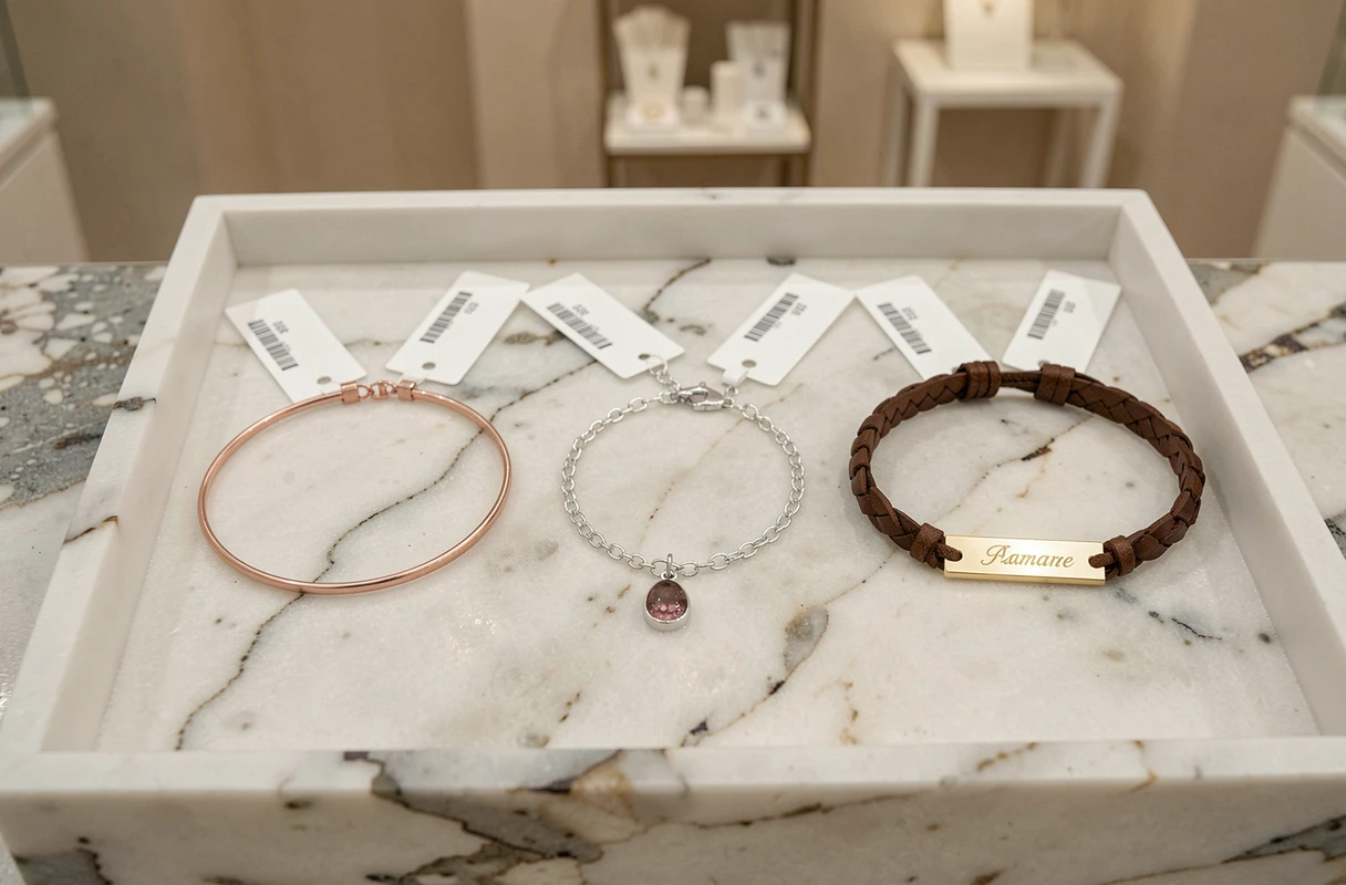 Trois bracelets de naissance pour maman exposés sur un comptoir en marbre dans une bijouterie