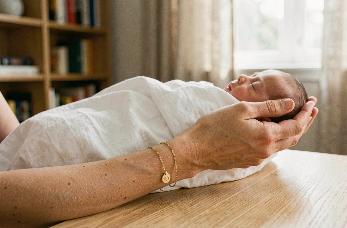 Maman portant un bracelet en or gravé tenant son nouveau-né dans un salon chaleureux