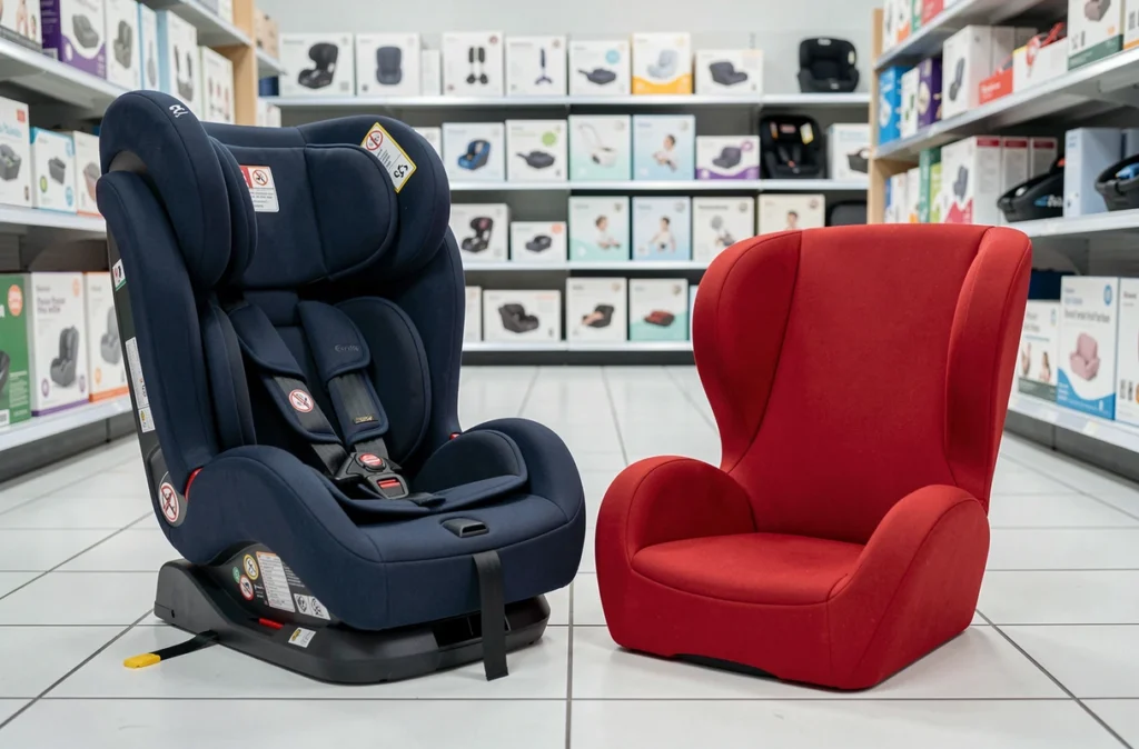 Comparaison côte à côte d'un siège auto groupe 2/3 avec dossier et d'un réhausseur coussin en magasin de puériculture