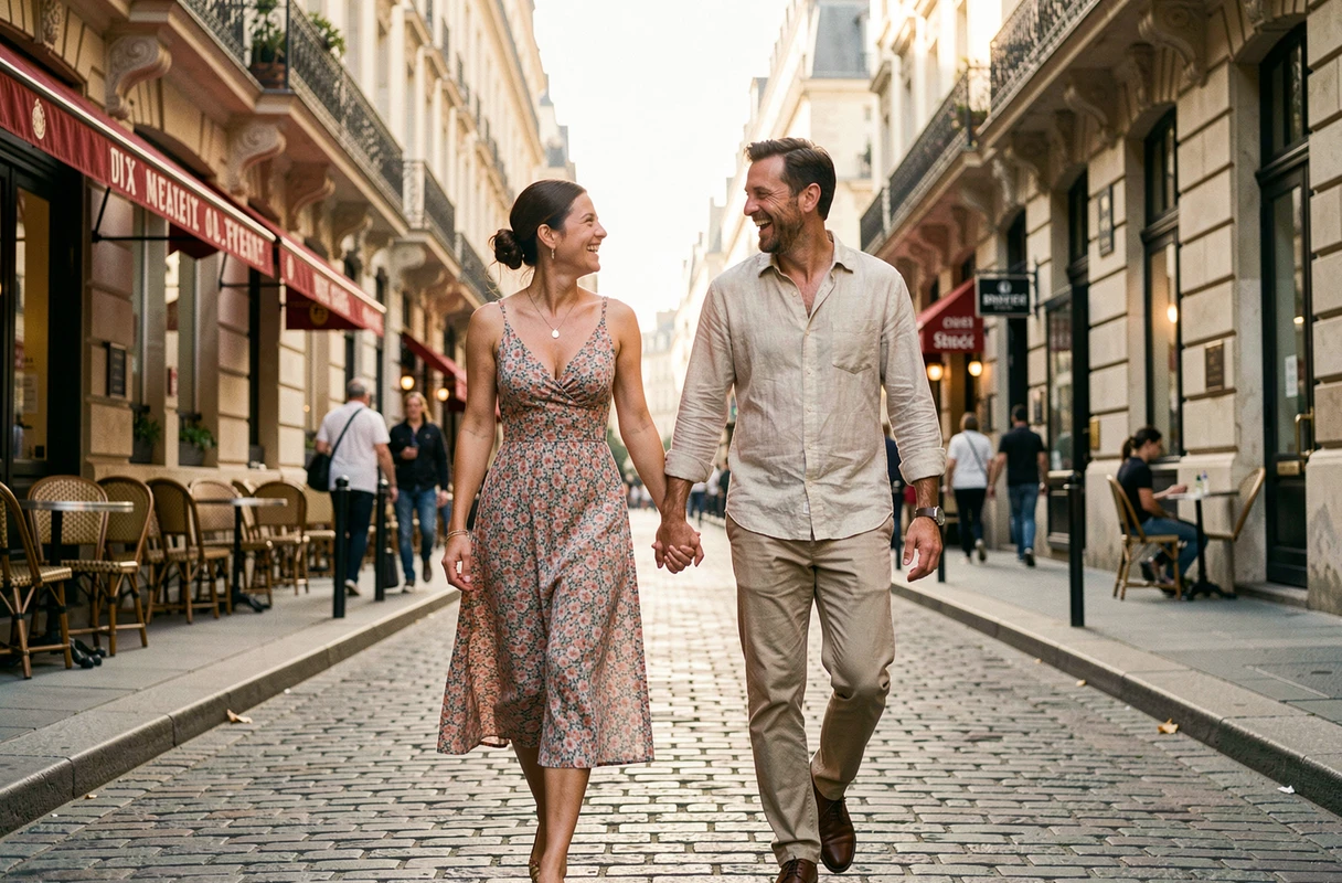 Couple élégant se promenant main dans la main dans une rue pavée de Paris, symbolisant l'amour et la complicité