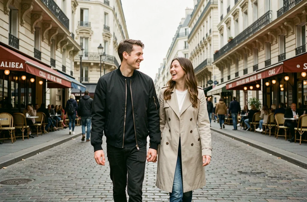 Couple français se promenant sur un trottoir parisien en pavés, ambiance naturelle et décontractée de vie amoureuse urbaine