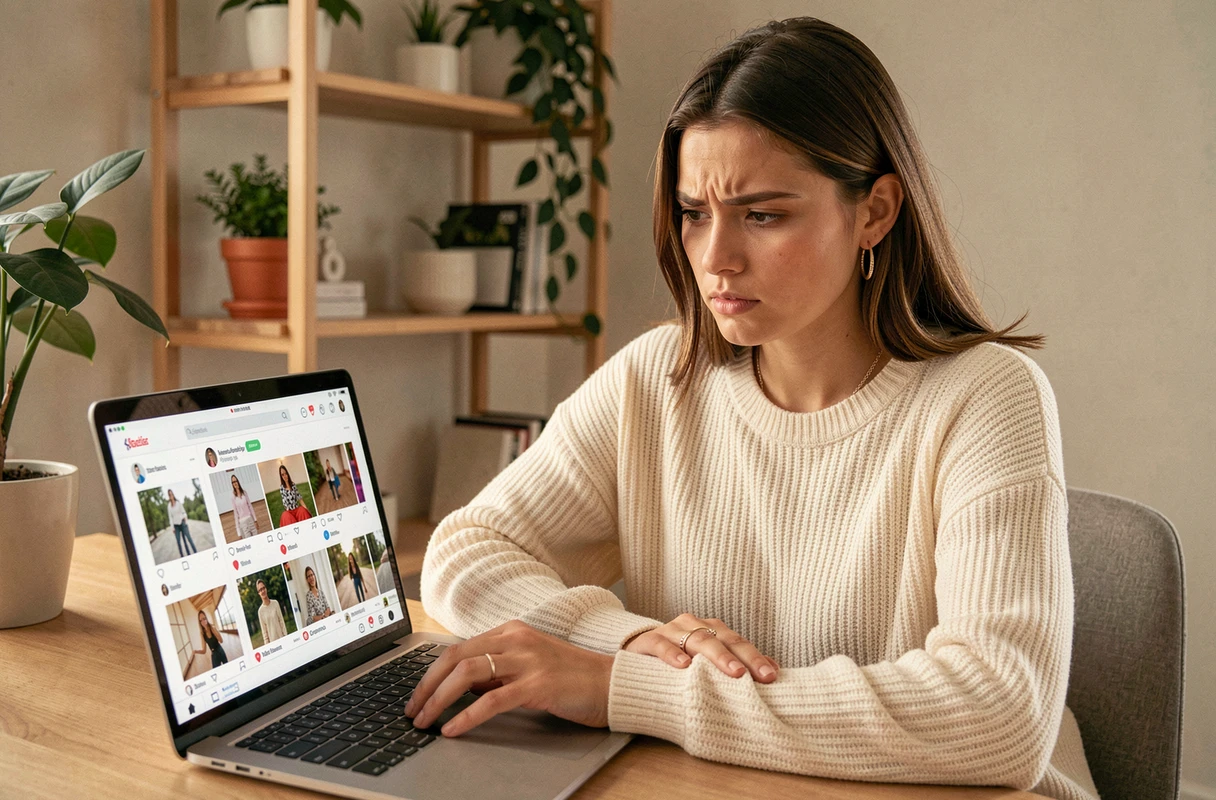 Jeune femme analysant des photos sur les réseaux sociaux pour identifier des montages et fake news