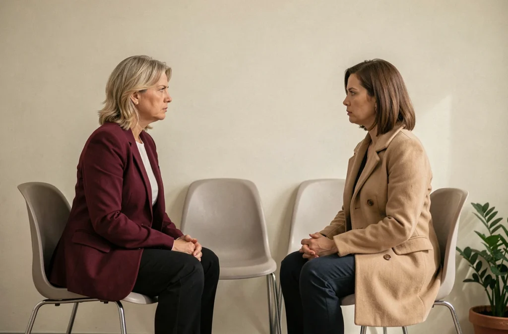 Deux femmes assises en silence dans une salle d'attente illustrant la tension d'une affaire de première épouse