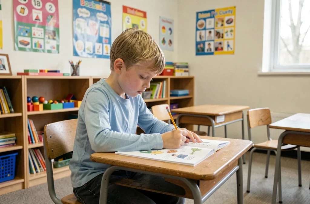 Jeune élève travaillant seul dans une salle de classe adaptée de type ULIS avec des supports pédagogiques spécialisés