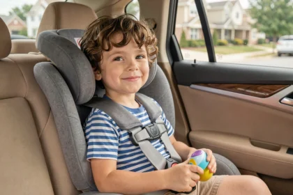 Enfant de 4 ans installé dans un siège auto groupe 2/3 avec harnais dans un habitacle de voiture moderne
