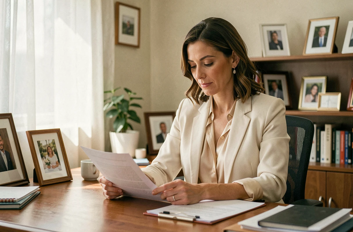 Femme élégante en blazer crème travaillant à son bureau, illustrant l'équilibre entre vie professionnelle et personnelle
