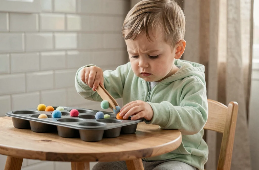 Enfant de 2 ans renforçant sa motricité fine et son autonomie en transférant des pompons avec des pinces en bois dans un moule à muffins sur une table en bois naturel