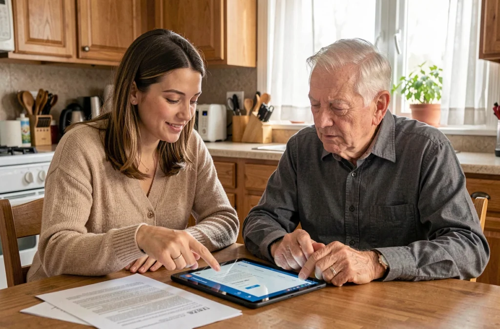 Une fille adulte aide son père âgé à comprendre la gestion de tutelle et curatelle via une interface numérique