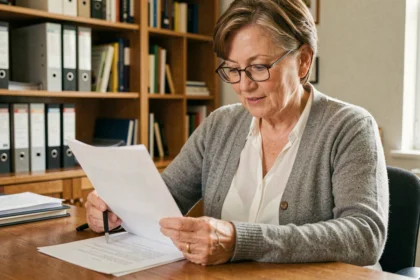 Une femme d'une cinquantaine d'années consulte des documents de tutelle et curatelle à son bureau à domicile