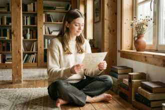 Jeune femme nordique contemplant une lettre calligraphiée avec des prénoms scandinaves dans un intérieur cosy en bois naturel