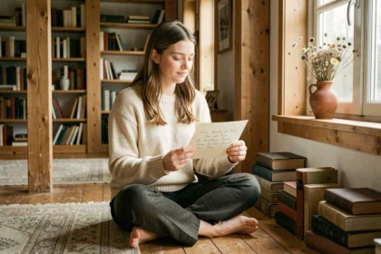 Jeune femme nordique contemplant une lettre calligraphiée avec des prénoms scandinaves dans un intérieur cosy en bois naturel