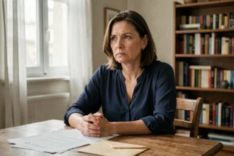 Femme seule à une table avec des documents juridiques évoquant une affaire de mariage controversée