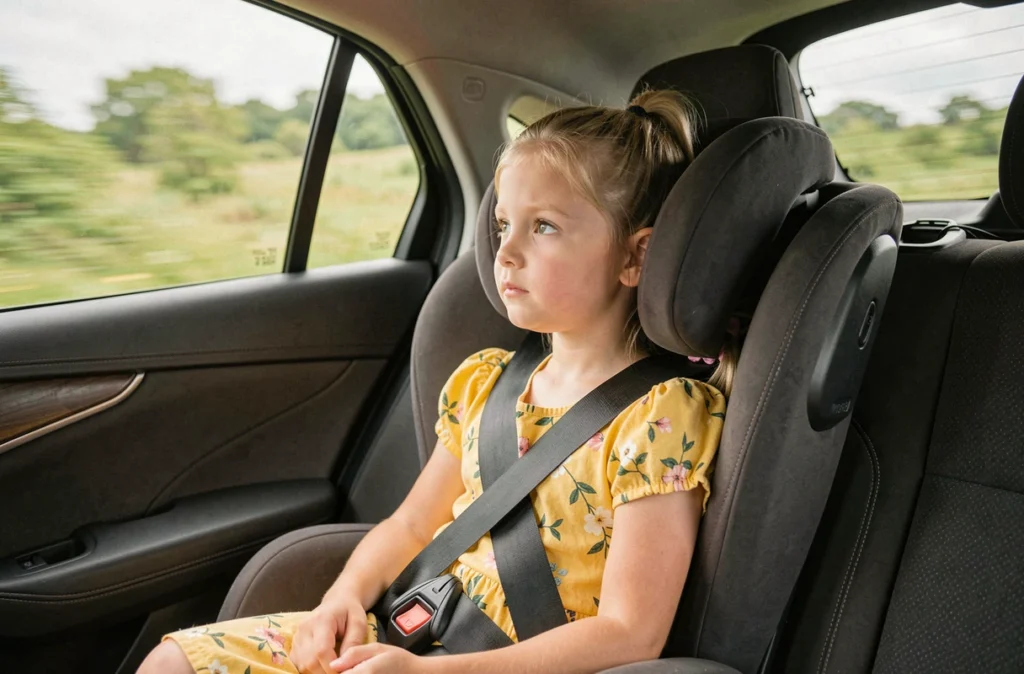 Fillette de 7 ans attachée dans un réhausseur avec dossier et ceinture correctement positionnée en voiture sur route