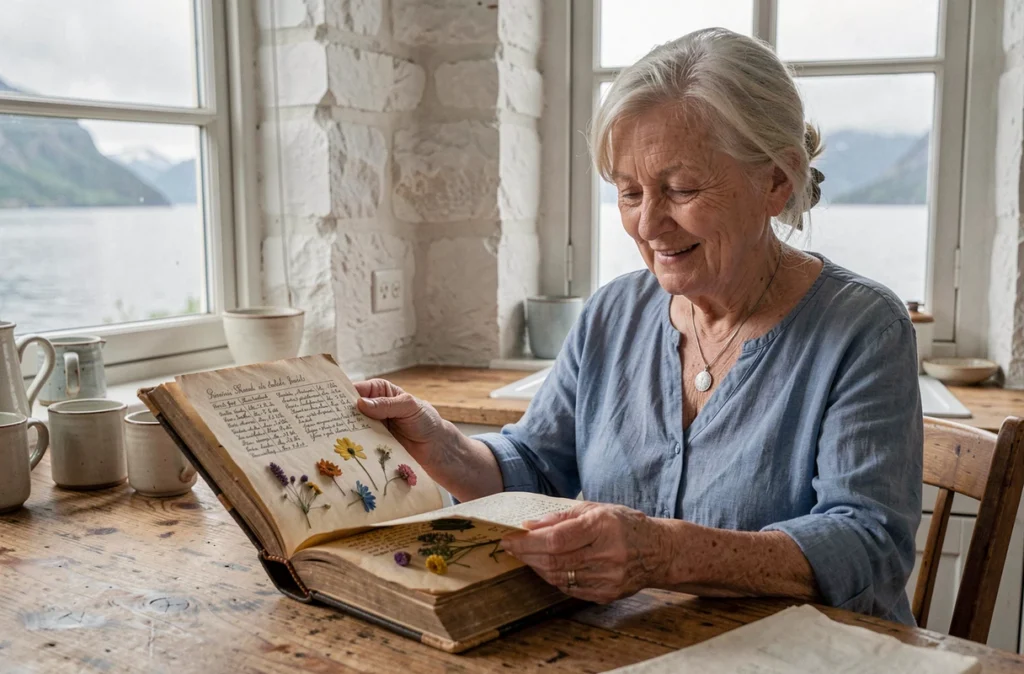 Grand-mère scandinave feuilletant un livre généalogique avec des prénoms nordiques dans une cuisine de ferme traditionnelle