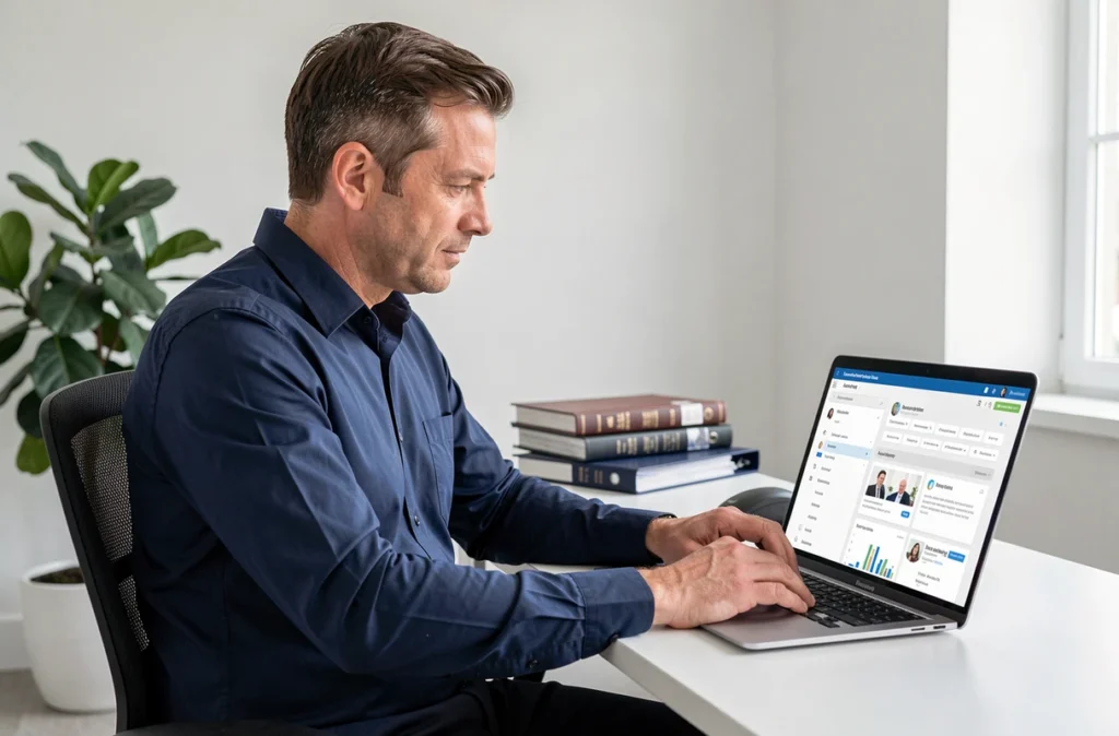 Un homme utilise une plateforme en ligne pour gérer un compte de tutelle ou curatelle sur ordinateur portable
