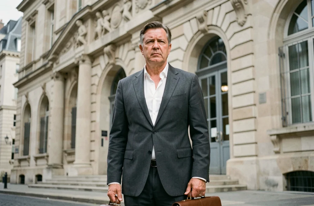 Homme en costume devant un palais de justice français dans le contexte d'une affaire matrimoniale médiatisée