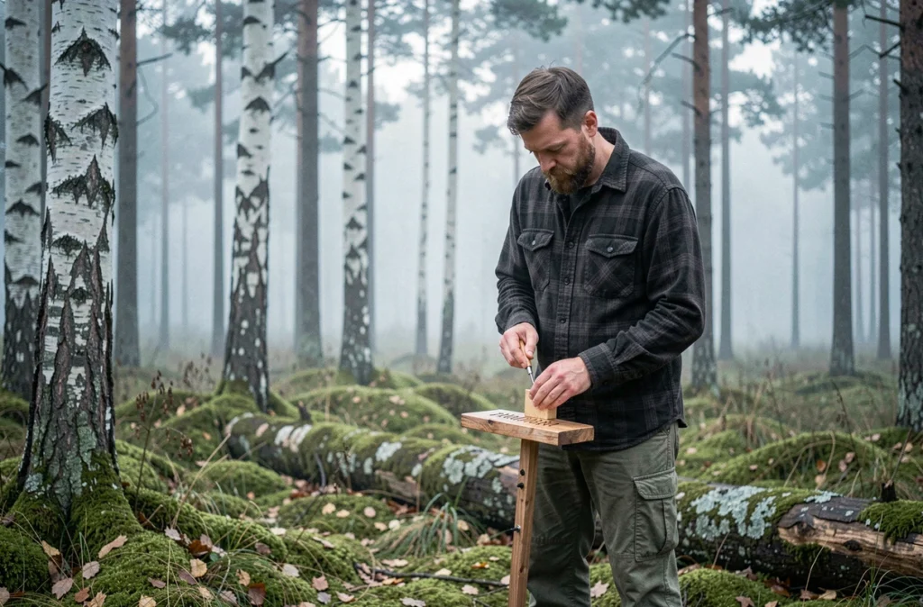 Homme nordique sculptant un prénom sur un panneau en bois dans une forêt de bouleaux scandinave brumeuse