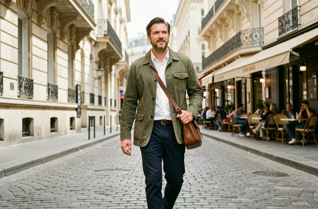 Homme marchant dans une rue parisienne typique avec façades haussmanniennes, style reportage éditorial urbain