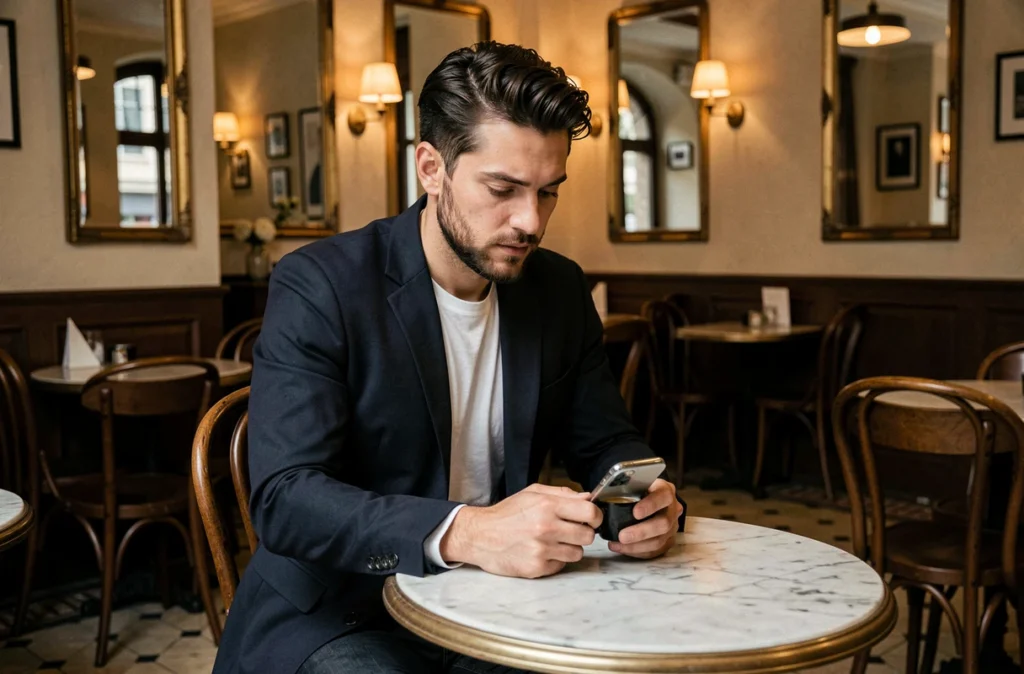 Homme seul pensif dans un café parisien consultant son téléphone, atmosphère intime évoquant la vie sentimentale et les relations amoureuses