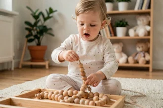 Enfant de 2 ans développant sa motricité fine en enfilant des perles en bois colorées sur un tapis de jeu en bois dans un salon Scandinave