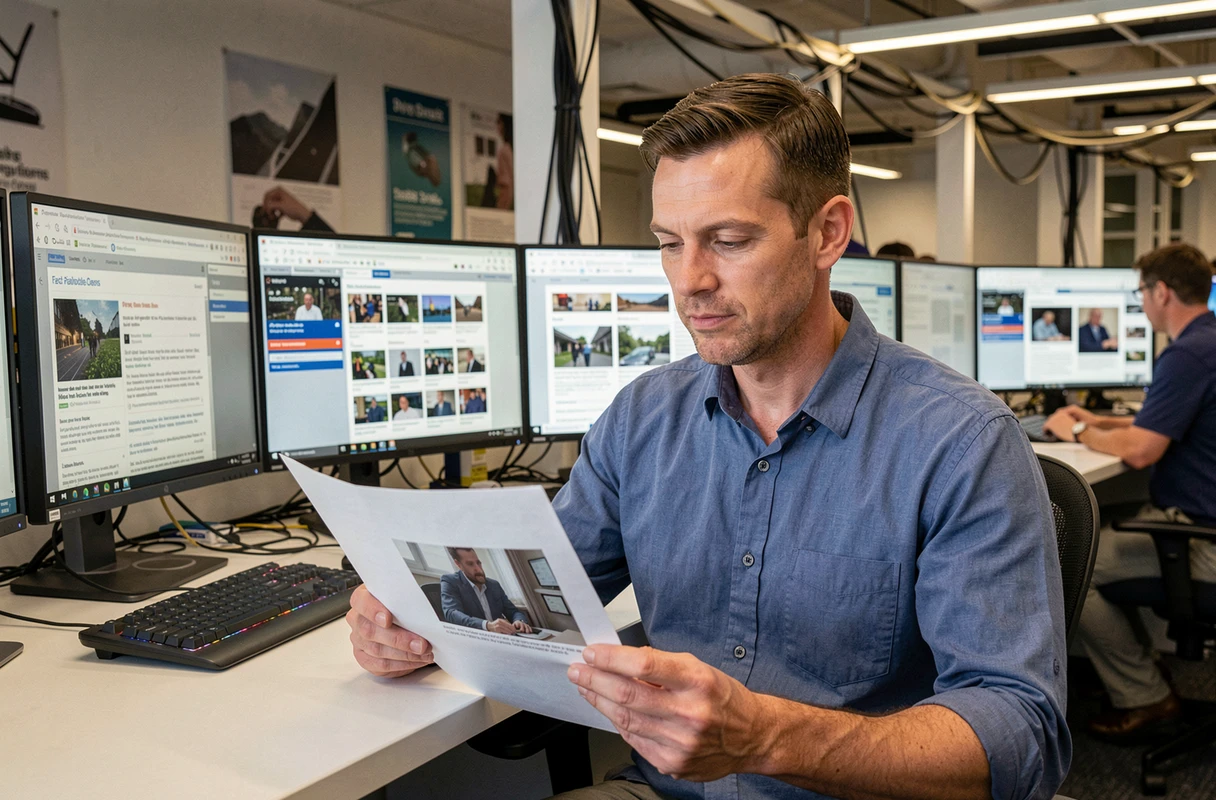 Journaliste fact-checker dans une salle de rédaction comparant des photographies pour vérifier leur authenticité et détecter les fake news