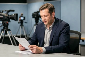 Journaliste télévision assis au bureau d'un studio de diffusion professionnel, révisant ses notes avant une émission