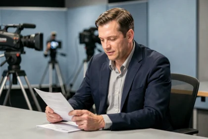 Journaliste télévision assis au bureau d'un studio de diffusion professionnel, révisant ses notes avant une émission