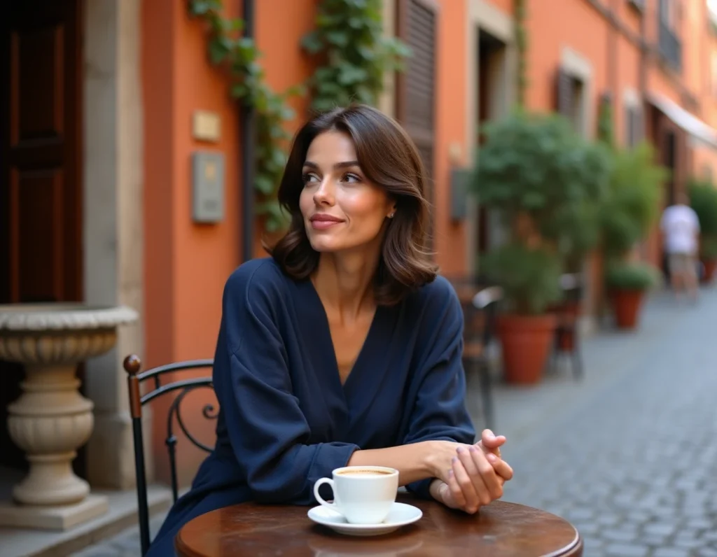Femme brune aux origines méditerranéennes attablée dans un café au décor italien avec une tasse d'espresso, évoquant les racines italiennes de Kelly Vedovelli