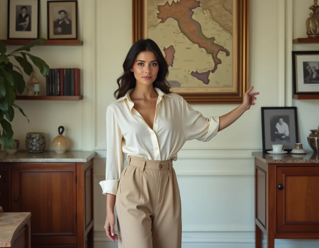 Femme élégante aux origines italiennes posant devant une carte vintage de l'Italie dans un appartement parisien raffiné, référence aux racines italiennes assumées de Kelly Vedovelli