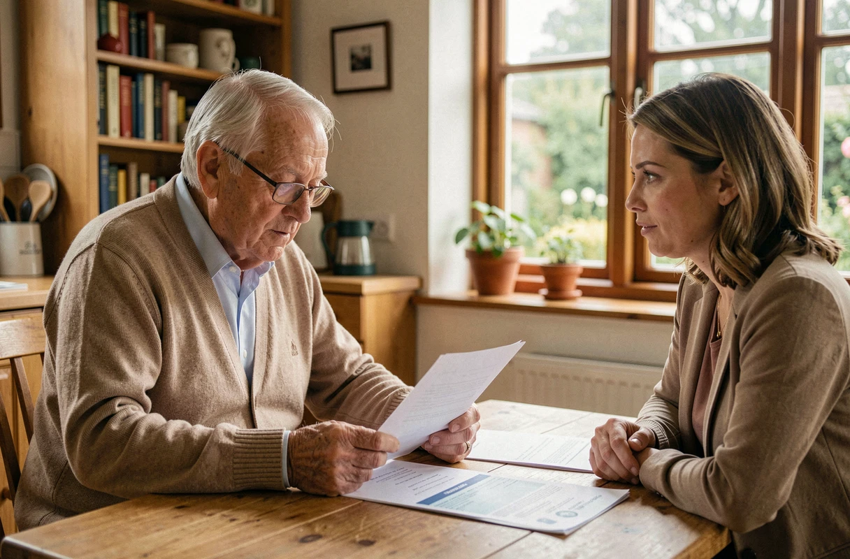 Un homme âgé et une femme adulte examinent des documents de pension à une table de cuisine, illustrant l'obligation alimentaire et les revenus pris en compte pour la retraite.