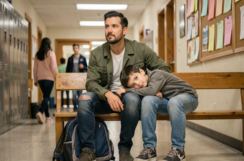 Père et fils assis dans un couloir d'école partageant un moment de réconfort avant une rencontre avec l'équipe pédagogique