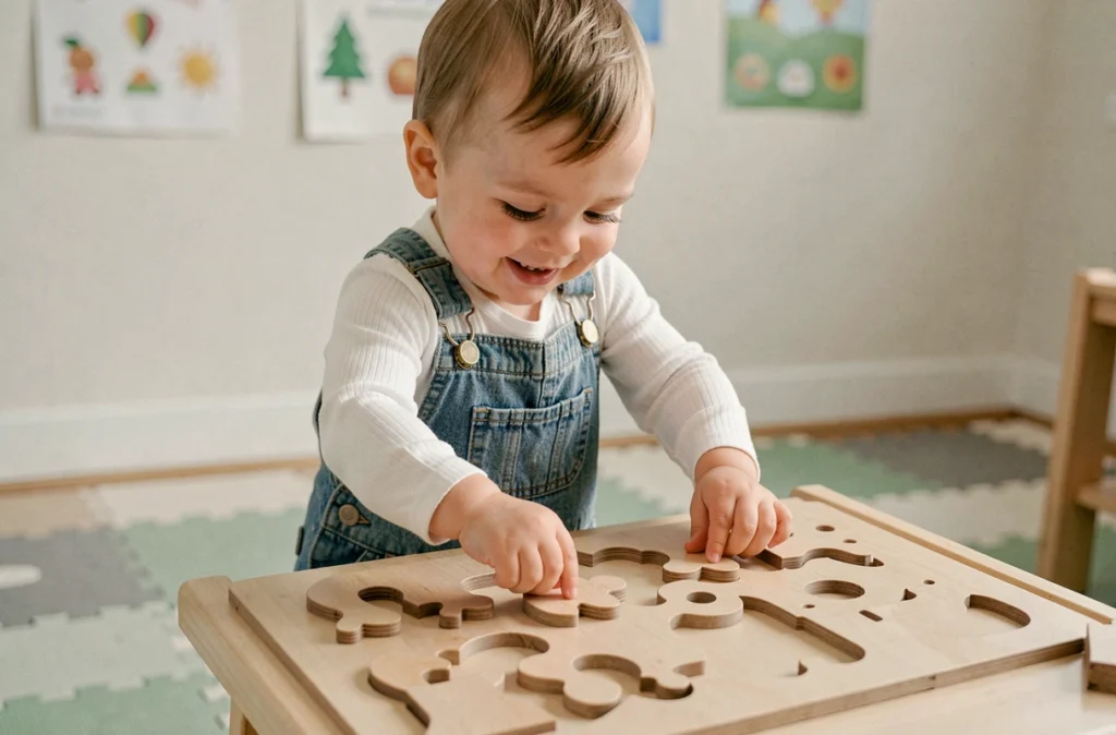 Tout-petit de 2 ans pratiquant la motricité fine avec un puzzle en bois à formes géométriques sur une table d'activité dans une salle de jeux colorée