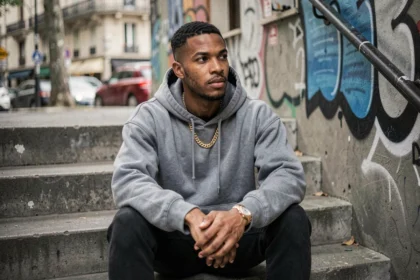 Rappeur français en tenue urbaine assis sur des marches en béton dans un quartier parisien, ambiance hip-hop authentique
