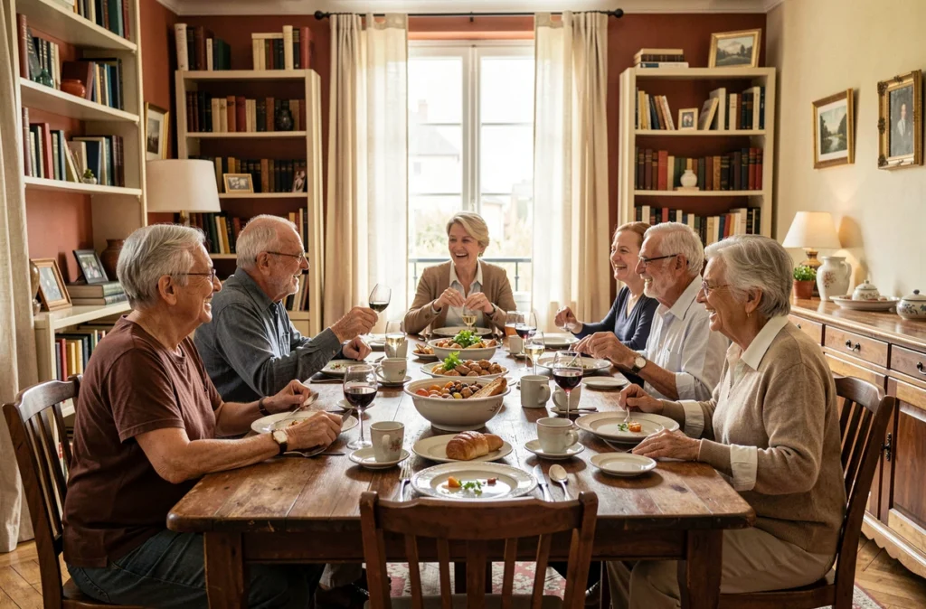 Repas de famille multigénérationnel autour d'une grande table en bois dans un appartement parisien chaleureux