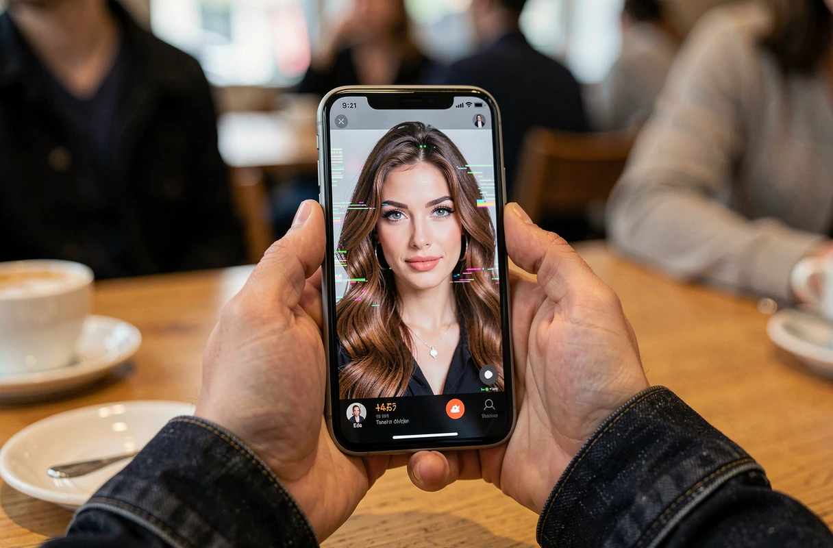 Smartphone affichant une photo montage de célébrité avec des artefacts numériques visibles révélant une manipulation d'image