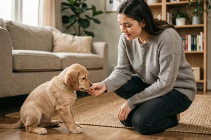 Jeune femme accroupie présentant sa main à un chiot golden retriever dans un salon familial chaleureux