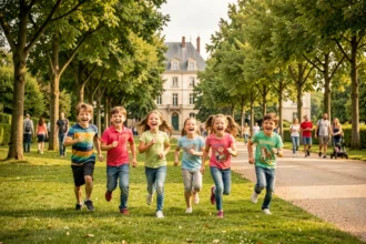 Des enfants joyeux courant dans un parc du Val-de-Marne, illustrant les meilleures activités pour enfants de la région
