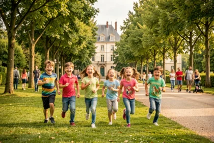 Des enfants joyeux courant dans un parc du Val-de-Marne, illustrant les meilleures activités pour enfants de la région