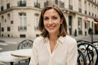 Actrice française en interview dans un café parisien, sourire naturel et regard expressif, ambiance éditoriale
