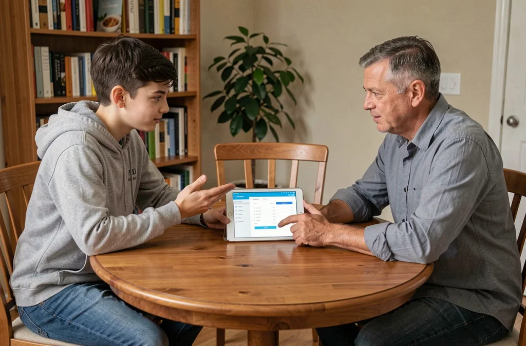 Adolescent participant à une discussion budgétaire familiale avec son père autour d'une tablette numérique