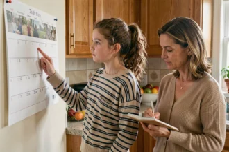 Adolescente impliquée dans l'organisation familiale en pointant un calendrier mural avec sa mère dans une cuisine chaleureuse