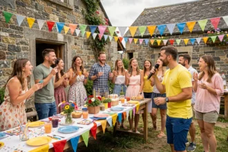 Animateur d'anniversaire lors d'une fête festive en plein air en Bretagne avec décoration colorée