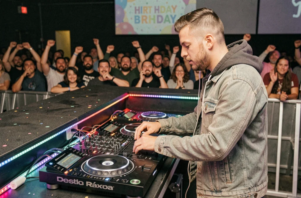 DJ Thony en pleine animation d'anniversaire derrière sa platine professionnelle avec ambiance LED colorée