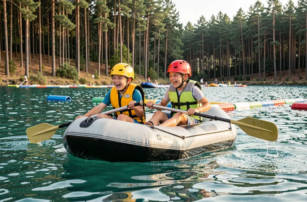 Enfants en gilets de sauvetage naviguant sur un parcours aquatique flottant entouré de pins à Bassin Aventures, Gujan-Mestras