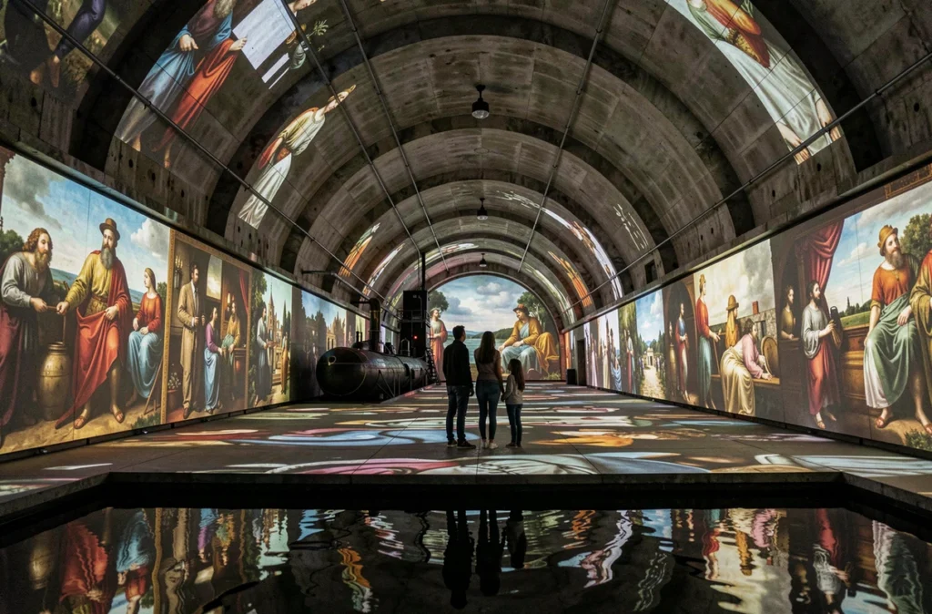 Famille contemplant des projections numériques immersives d'œuvres d'art dans la base sous-marine des Bassins des Lumières à Bordeaux