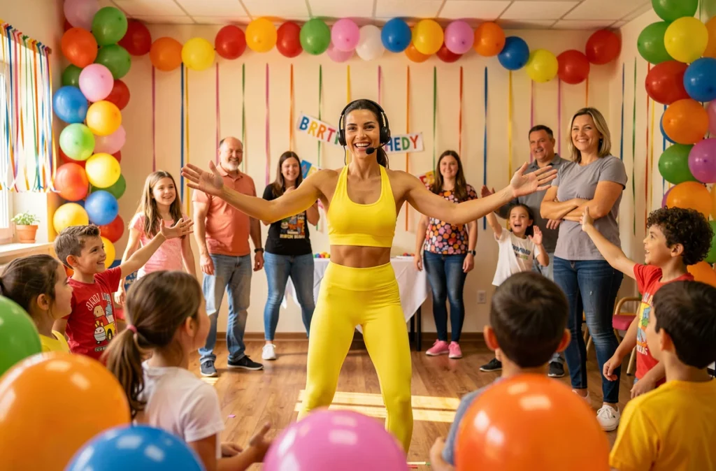 Animatrice de Big Up Anim dirigeant un jeu d'anniversaire collectif dans une salle décorée de ballons colorés