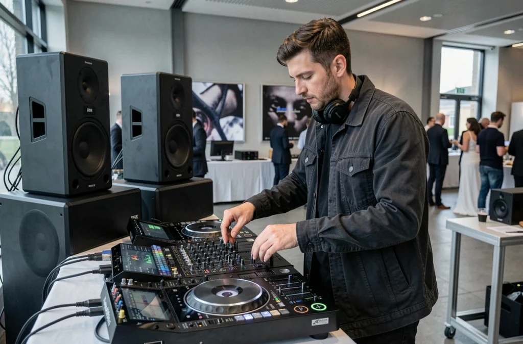 Technicien son de Breizh Audio derrière une console DJ professionnelle dans une salle de réception bretonne