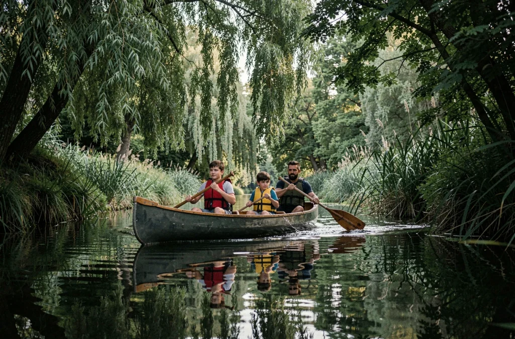 Père et deux enfants pagayant en canoë sur la rivière Leyre encadrée de végétation dense au départ de Salles